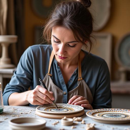 Ritratto di Elena Ferri mentre decora un piatto in ceramica nel suo laboratorio.