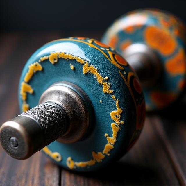 Primo piano di un manubrio da palestra con un'elegante impugnatura in ceramica decorata a mano.