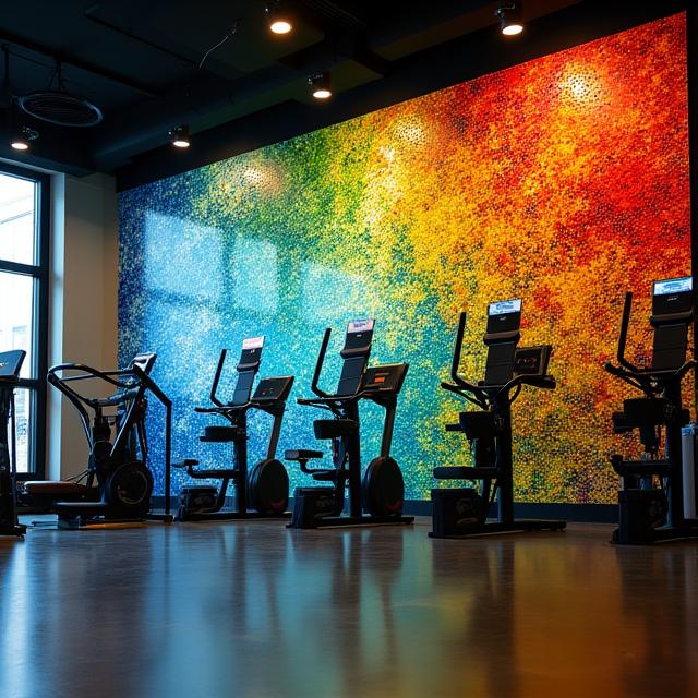 Grande parete di una palestra di lusso decorata con un mosaico artistico in vetro colorato.