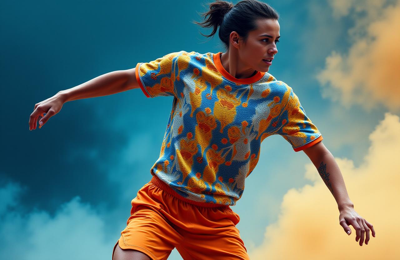 Atleta indossa un capo di abbigliamento sportivo con un design ispirato alla ceramica Maiolica, in posa dinamica.