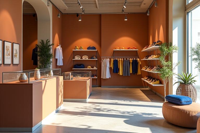 Interno dello showroom di Maiolica Movimento a Roma, con dettagli di ceramiche e capi di abbigliamento esposti.
