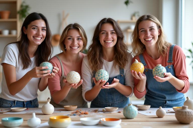 Gruppo di persone sorridenti che mostrano i loro oggetti in ceramica decorati durante un workshop.